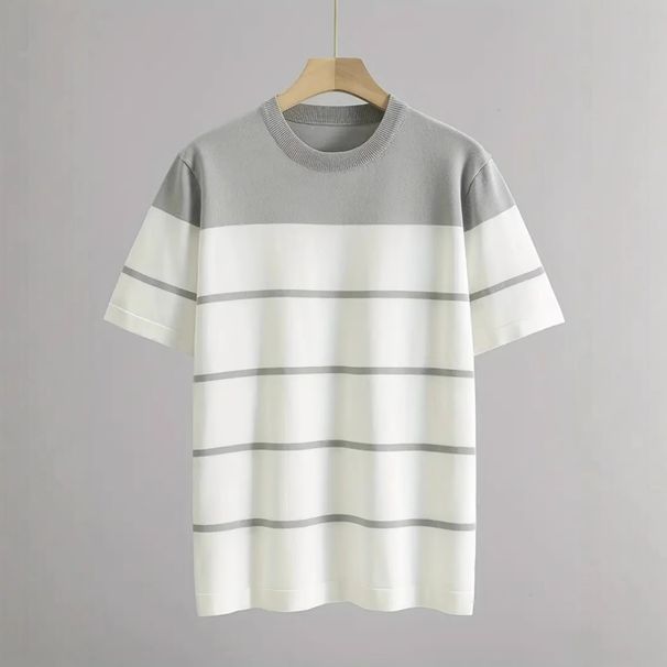 Men's Clothing Knitted Sweater Short Sleeved T Shirt Fashionable Spring And Summer Striped Trend Casual Round Neck Slim Men's Versatile Tops_viptrois.com