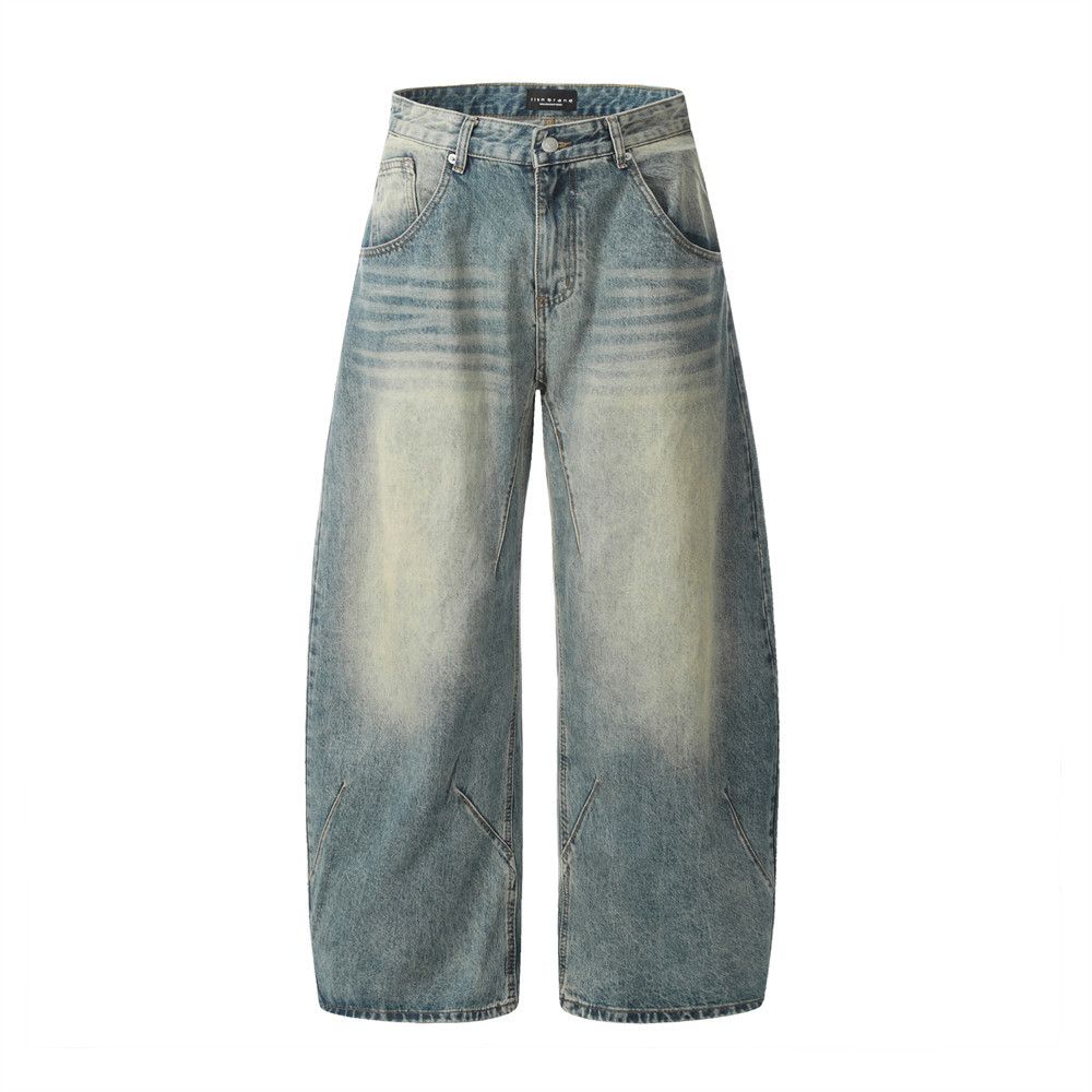 Distressed Washed Denim Scimitar Men Street Fashion Punk Design Stitching Pressed Seam Loose Wide-Leg Cargo Long Pants_viptrois.com