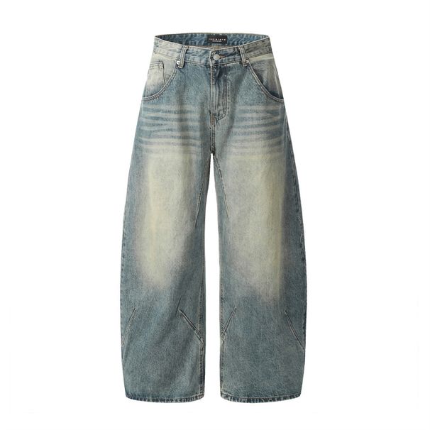 Distressed Washed Denim Scimitar Men Street Fashion Punk Design Stitching Pressed Seam Loose Wide-Leg Cargo Long Pants_viptrois.com