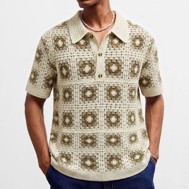 Cross Border European And American Men's Retro Hollowed Out Crochet Polo Shirt, Summer Men's Short Sleeved Knit Top, In Stock SY0038_viptrois.com