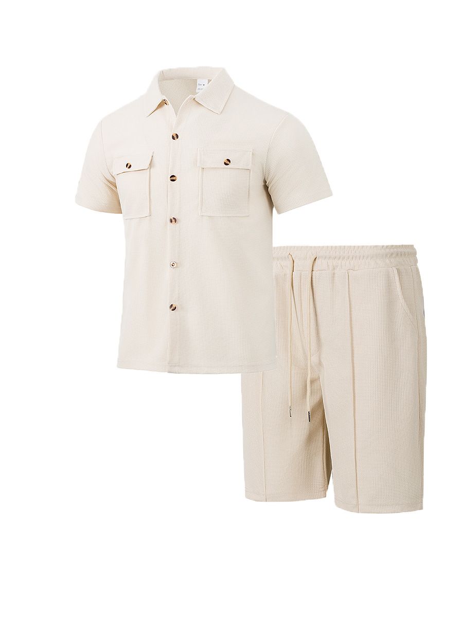 Men's Clothing Men's Summer Workwear Shirt Short Sleeved Loose Waffle Suit Two Piece For Formal & Casual For Men_viptrois.com