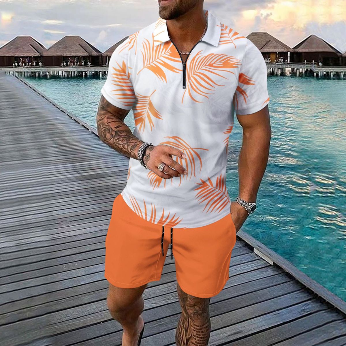 Men's Beachwear Set - Digital Print Polo Shirt & Matching Shorts With Zipper | Summer Casual Outfit_viptrois.com