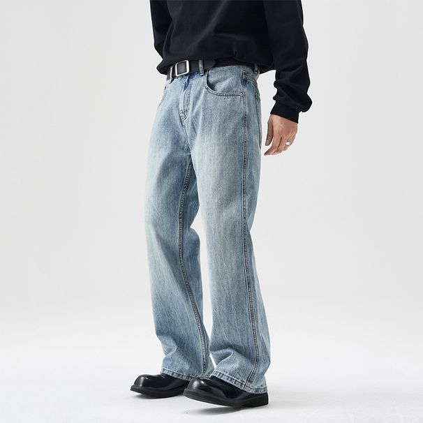 Men's Clothing Light Colored Jeans Loose Straight Leg Mopping Pants Washed High Street Slightly Flared Wide Leg Pants_viptrois.com