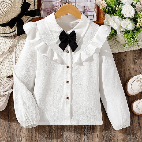 Mother&Kids Girls' shirt patchwork lace bow girls' suit shirt girls' base shirt tide_viptrois.com