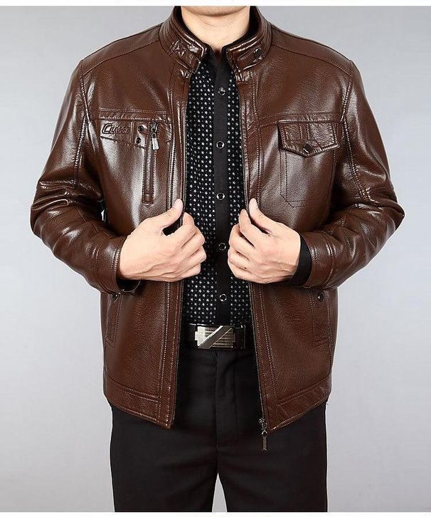 Men’s Faux Leather Jacket – Fleece-Lined Winter Coat With Stand Collar & Zipper Front (S-XXXL, Black/Dark Brown/Tan, Windproof & Lightweight)_viptrois.com