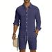 Men's Linen Long Sleeve Shirt & Cargo Shorts Set | American Style Summer Casual Workwear Vacation Outfit_viptrois.com