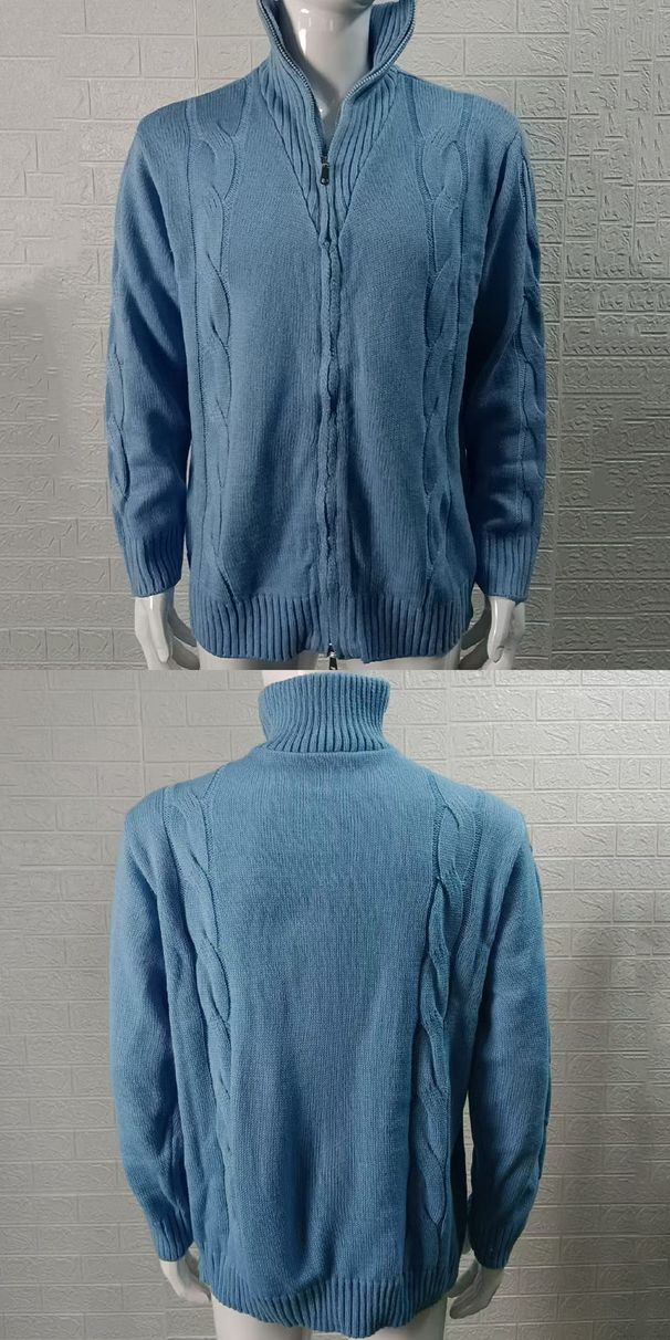 Autumn Winter New High Collar Sweater Cardigan European American Style Cable Zipper Long Sleeve Knitted Jacket_viptrois.com
