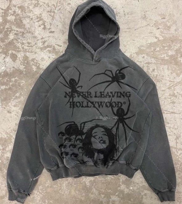 2023 Gothic Spider Print Autumn/Winter Plush American Hoodie Pullover Y2K Sweater_viptrois.com
