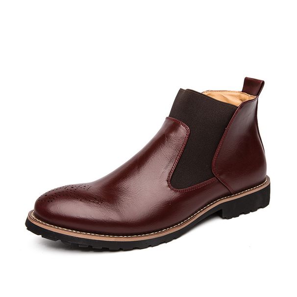 Men's Brogue Ankle Boots - Lightweight PU Leather Casual Shoes With Elastic Comfort & Subtle Lift - Classic British Style For Winter (Brown/Black/Red)_viptrois.com