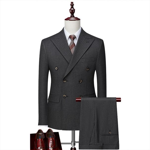 Men's Clothing Casual Slim Gray Striped Studio Photography Wedding Suit Two Piece Set_viptrois.com