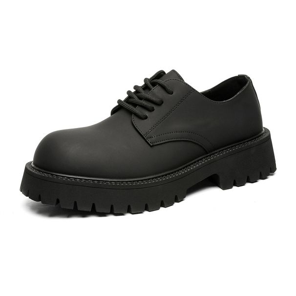 Low-top Thick-soled Heightened Round-head Derby Shoes Matte Lace-up Couple Small Leather Shoes High-end Leather Shoes_viptrois.com