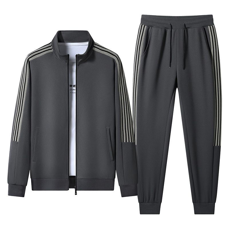 Men's Clothing Men's 3-Stripe Track Suit Set Stand Collar Sweatshirt With Joggers, Casual Sportswear For Running & Gym (Grey/Black/Dark Green) - M-5XL_viptrois.com