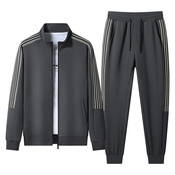 Men's Clothing Men's 3-Stripe Track Suit Set Stand Collar Sweatshirt With Joggers, Casual Sportswear For Running & Gym (Grey/Black/Dark Green) - M-5XL_viptrois.com
