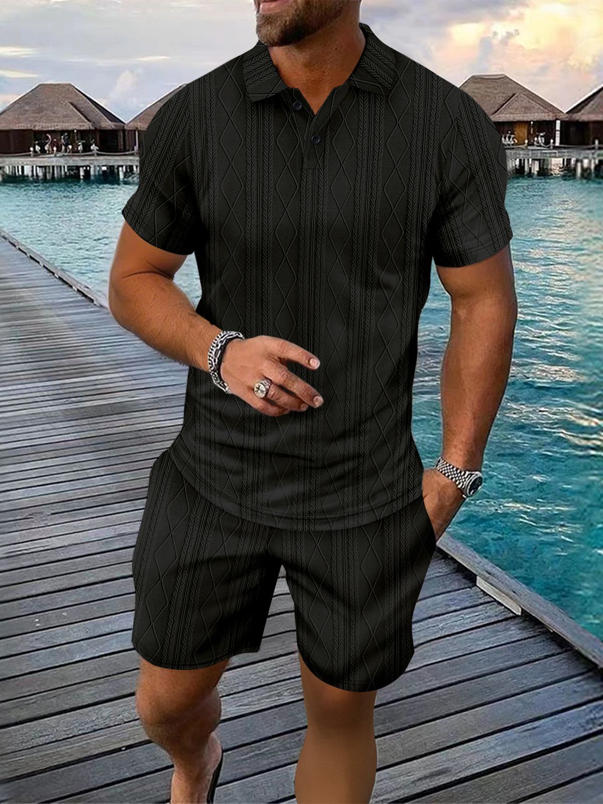 Men's Clothing Summer Fashion Lapel Short Sleeved Polo Shirt Jacquard Casual Versatile Shorts Suit_viptrois.com