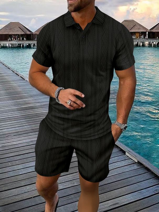 Men's Clothing Summer Fashion Lapel Short Sleeved Polo Shirt Jacquard Casual Versatile Shorts Suit_viptrois.com