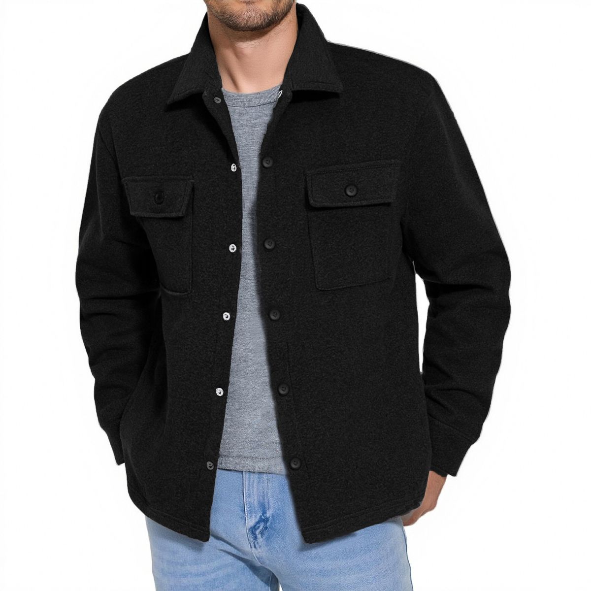 Men's Fleece-Lined Flannel Shirt Jacket, Casual Button-Up With Multiple Pockets (Black, Dark Gray) – Sizes S-3XL_viptrois.com