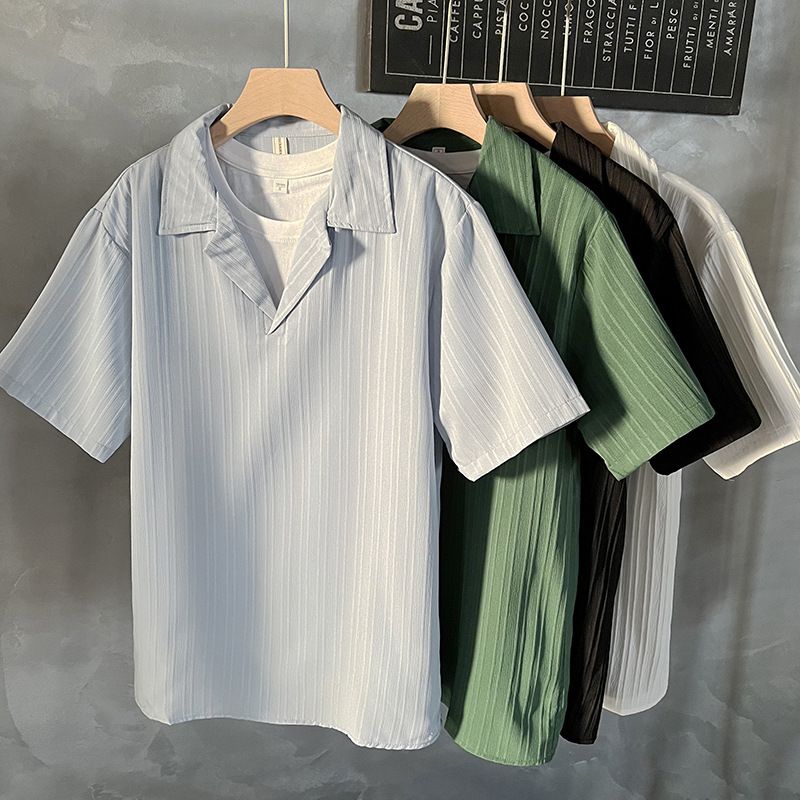 Men's Clothing Mature Style Ice Silk Short Sleeved Polo Shirt Men's Summer Trendy Casual Mid Sleeve T Shirt Trendy Men's Half Sleeved Tops_viptrois.com