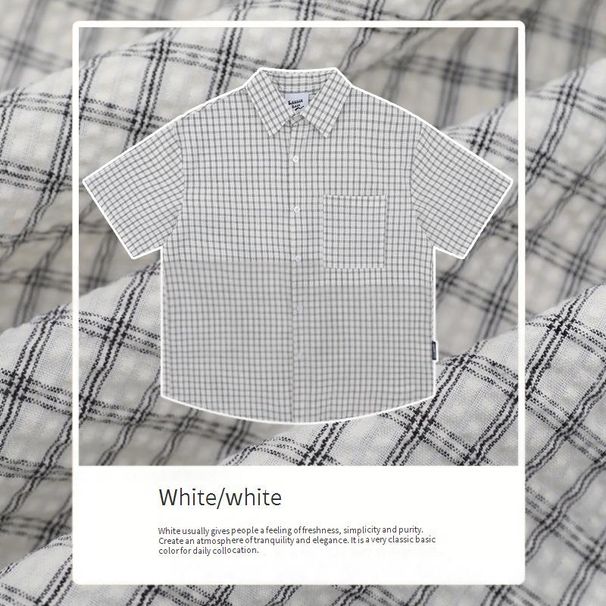 Unisex Clothing Breathable Casual Simple Cleanfit Plaid Short Sleeved Shirt Summer New Versatile Loose Couple Half Sleeved Shirt_viptrois.com