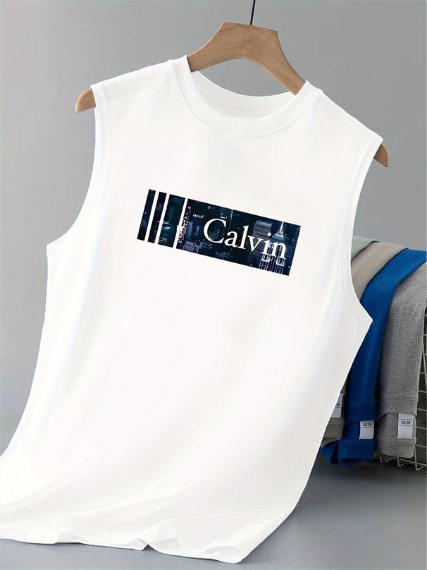 100% Pure Cotton Men's Summer Casual Sports Fitness Loose Letter Pattern Printed Breathable Round Neck Sleeveless Vest_viptrois.com