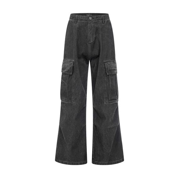 Large Pocket Cargo Flared Jeans Men's High Street Punk Washed Vintage Wrinkled Design Wide Leg Pants_viptrois.com