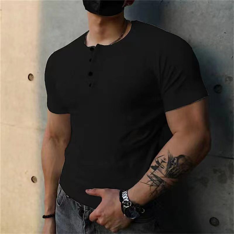 Solid Color Men New Summer Versatile Short Sleeve Henley Shirt Casual Men's T-Shirt_viptrois.com