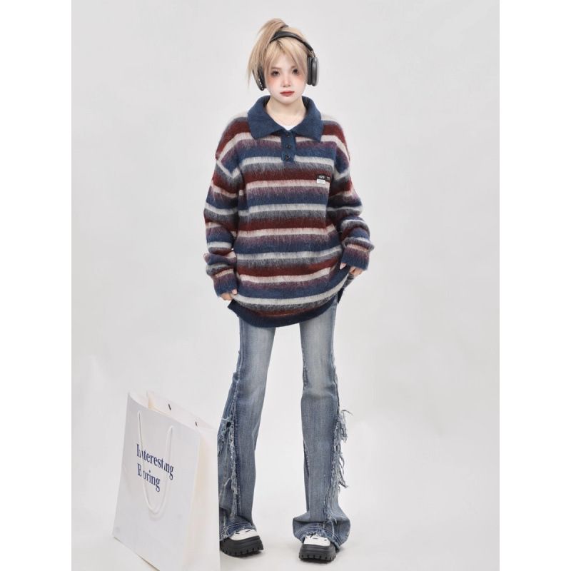 Striped Sweater Men's Autumn/winter Lapel Retro Loose Knit Sweater Youth Sweater_viptrois.com