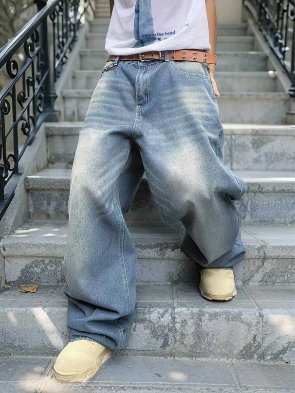 2025 Spring And Autumn New Street Style Trendy Brand Washed Design Jeans Loose Floor-Length Wide-Leg Pants_viptrois.com