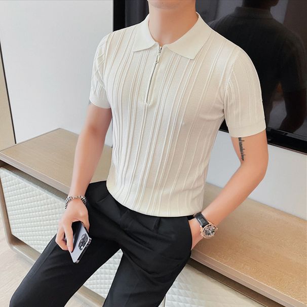 Men's Clothing Short Sleeve Knitted Sweater Summer Striped Half-Zip Shirt Slim Fit Short Sleeve Knit Top – Breathable & Stylish (Black, White, Green)_viptrois.com