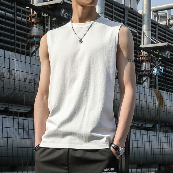 New Round Neck Vest Solid Color Tank Top Summer Sleeveless T-Shirt Thin Fitness Basketball Sports Shirt Men's Clothing_viptrois.com