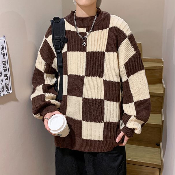 Checkered Men's Autumn And Winter Korean Version Loose Boyfriend Handsome Casual Round Neck Knit Sweater Couple Jacket_viptrois.com