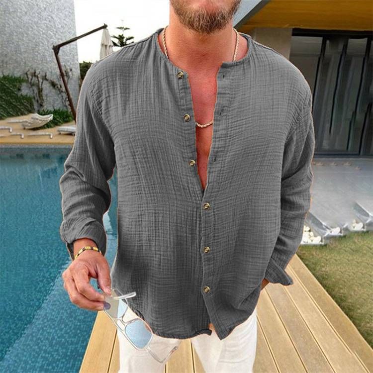 Men's Cotton And Linen Solid Color Double Layer Wrinkled Long Sleeved Shirt Fashion Loose Casual Comfortable Shirt_viptrois.com