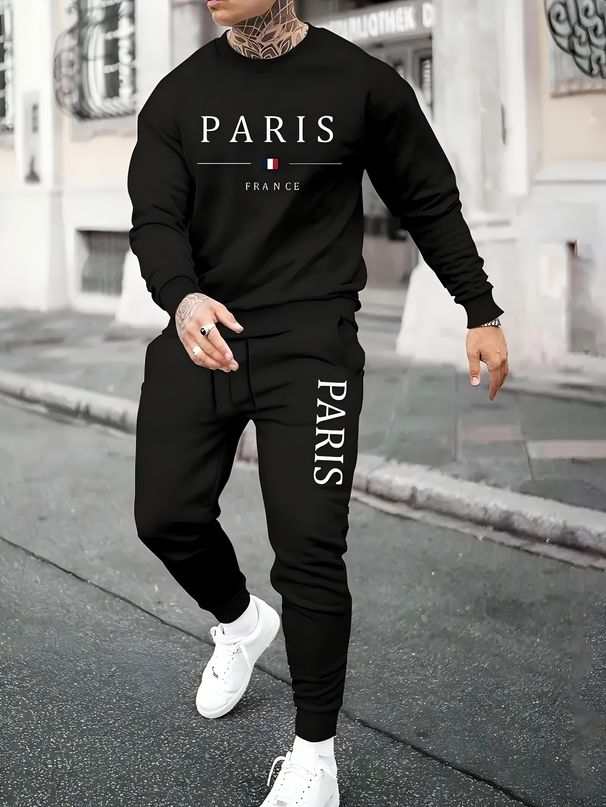 Men's Autumn And Winter Casual Warm Paris Letter Pattern Print Loose Thick Velvet Round Neck Sports Shirt+sports Pants Set_viptrois.com