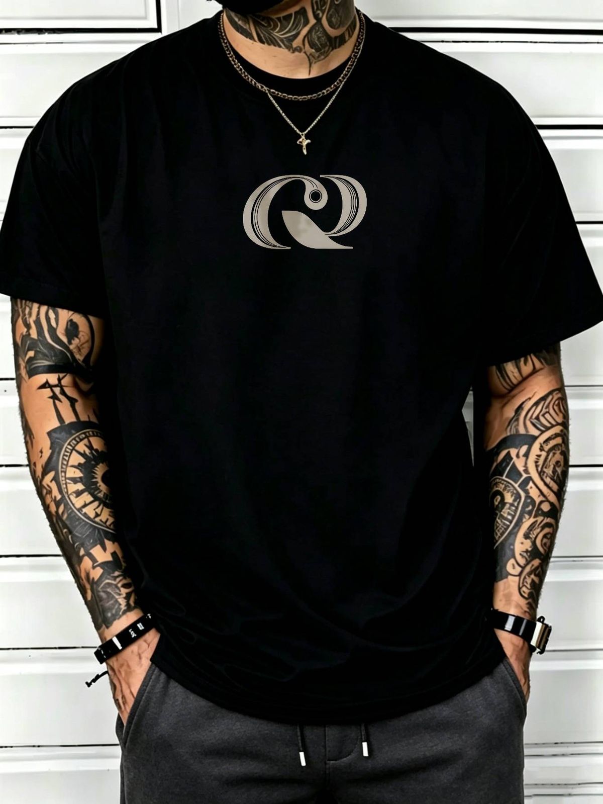 100% Cotton Men Oversized T-shirt Minimalist Abstract R Print Crew Neck Short Sleeve Streetwear Tee_viptrois.com