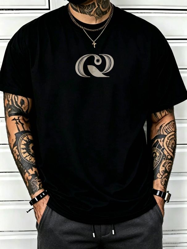 100% Cotton Men Oversized T-shirt Minimalist Abstract R Print Crew Neck Short Sleeve Streetwear Tee_viptrois.com