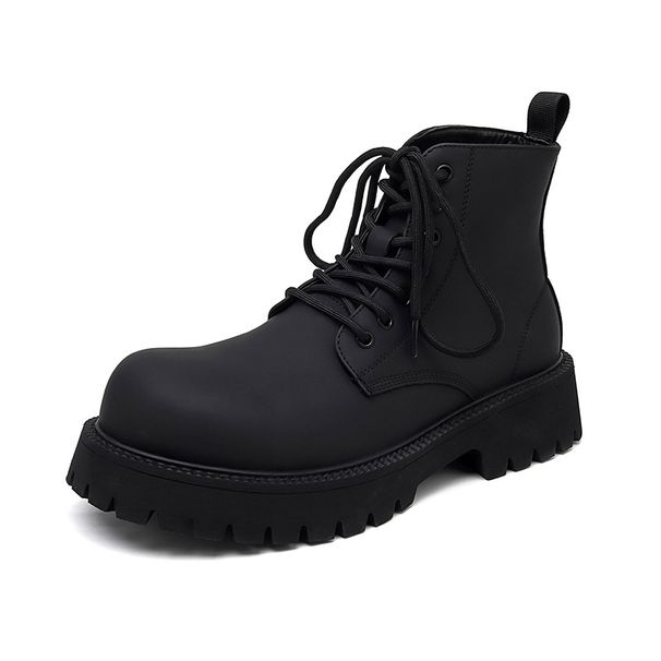 Martin Boots Men's Black High-top Leather Shoes Thick-soled Heightening Medium-top Retro Tooling Short Boots_viptrois.com