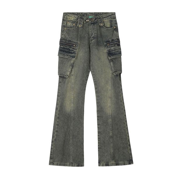 Men's Clothing High Street Distressed Jeans For Men And Women Retro Zipper Multi Pocket Design Straight Leg Flared Couple Floor Length Trousers_viptrois.com