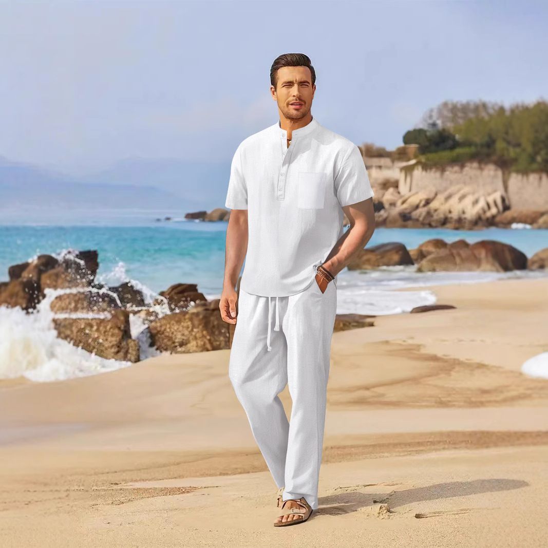 Men's Clothing Spring And Summer New Men's Clothing Men's Loose Casual Cotton And Linen Short Sleeved Trousers Suit_viptrois.com