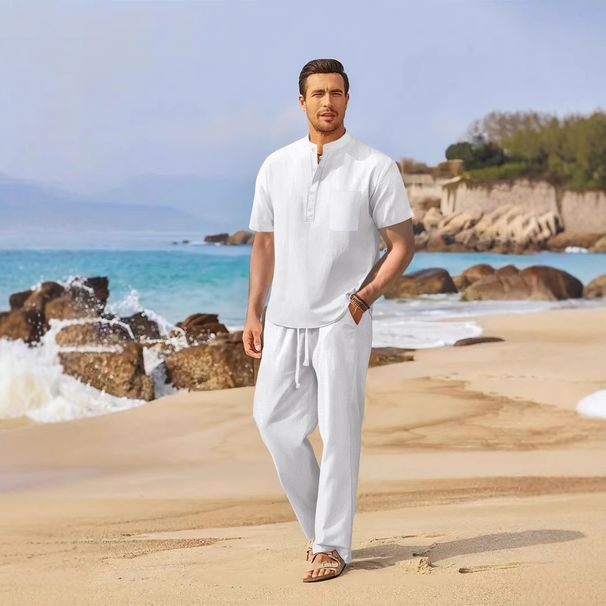 Men's Clothing Spring And Summer New Men's Clothing Men's Loose Casual Cotton And Linen Short Sleeved Trousers Suit_viptrois.com