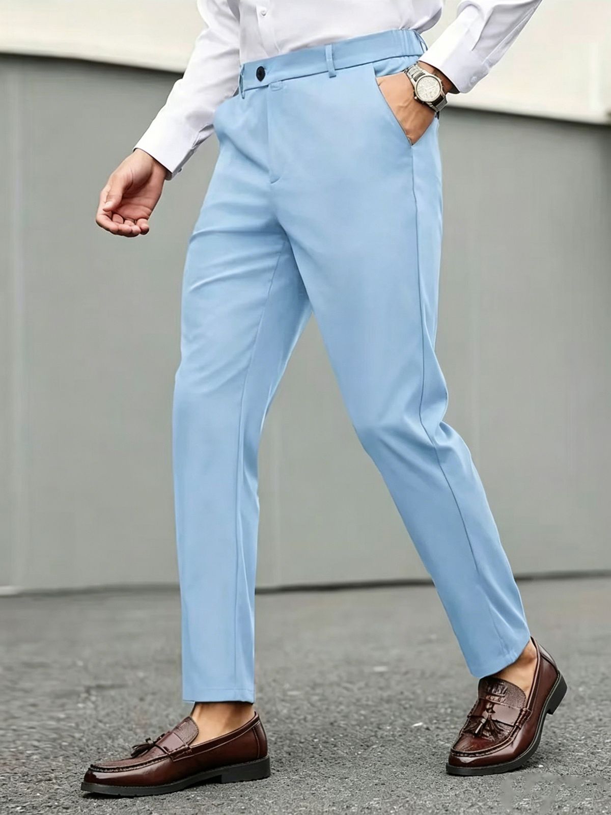 Men's Clothing Slim Fit Business Trousers Solid Color Casual Summer Thin Long Pants_viptrois.com