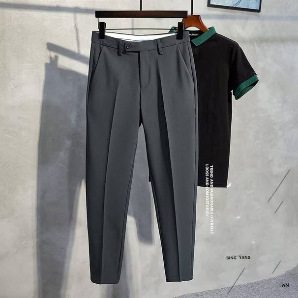 Men's Clothing Summer Casual Trousers Men's Ice Silk Slim Straight Trousers Nine Points Men's Advanced Drape Black Suit Trousers Men_viptrois.com