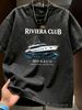 Vintage Washed T-Shirt, Men's Retro Yacht & Ocean Wave Graphic, Luxury Nautical Style, Casual Loose Street Tee_viptrois.com