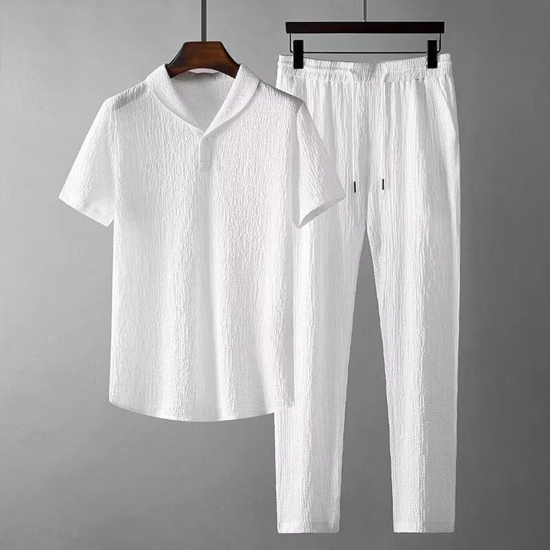 Men's Clothing Fashion Brand Ice Silk Pleated Casual Sports Suit Men's Summer Thin Short Sleeved Large Size Straight Pants Sports Two Piece Suit_viptrois.com