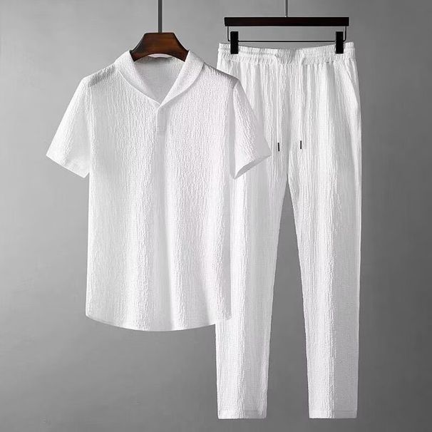 Men's Clothing Fashion Brand Ice Silk Pleated Casual Sports Suit Men's Summer Thin Short Sleeved Large Size Straight Pants Sports Two Piece Suit_viptrois.com