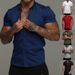 Men's Clothing Elastic Solid Color Sports Casual Cardigan Business Non Iron Shirt Trend Muscle Fitness Short Sleeved Lapel Shirt_viptrois.com