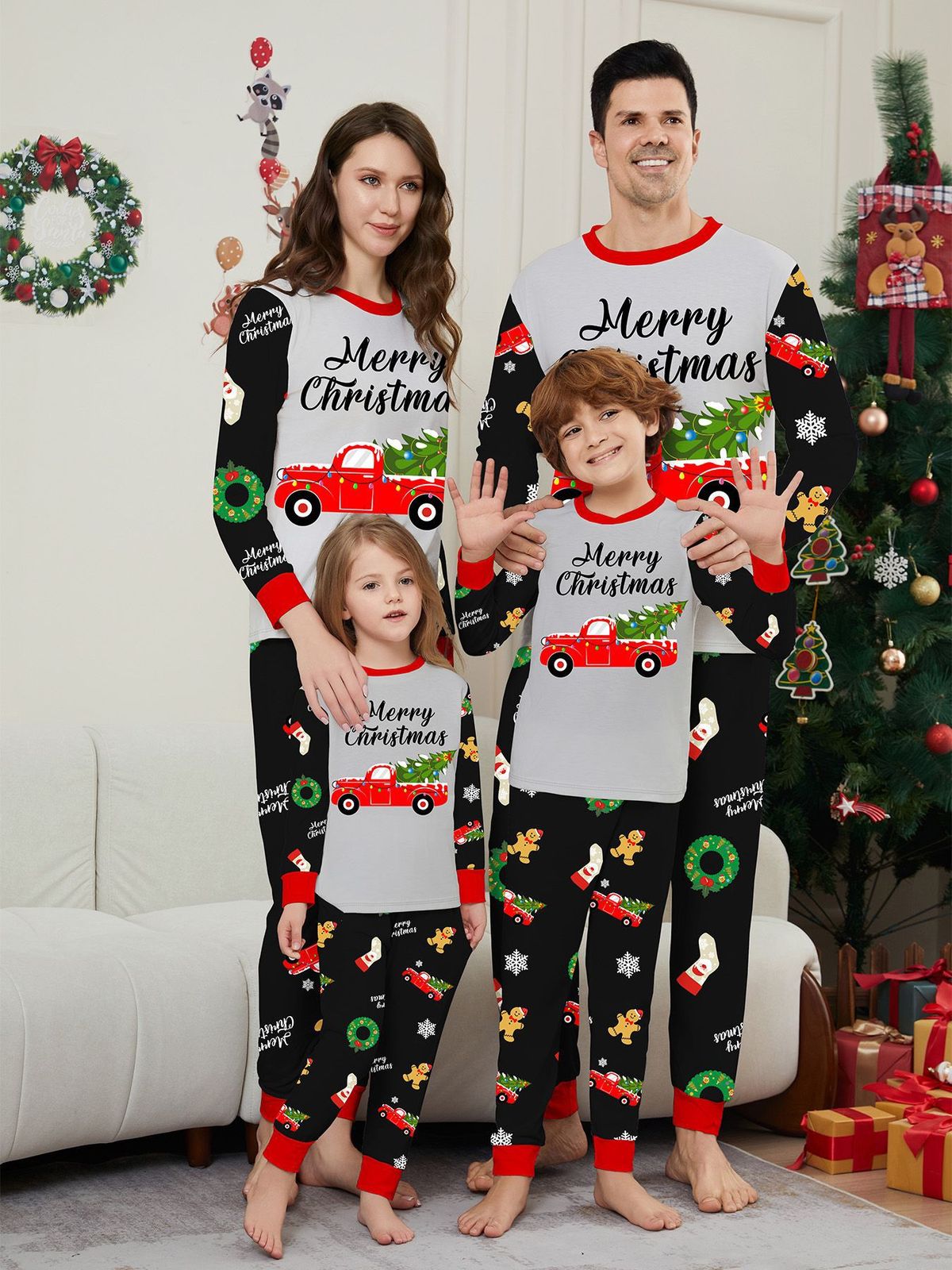 Christmas parent-child Christmas tree car print home dress round neck tie long sleeve trousers pajamas_viptrois.com
