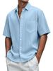 New Men's Solid Color Loose, Comfortable And Versatile Vertical Striped Short-sleeved Button Set_viptrois.com