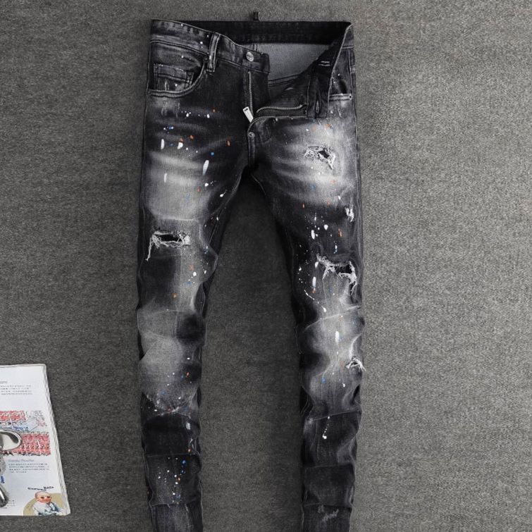 Men's Clothing Fashion Retro Men's Ripped Jeans Old Black And Gray Paint Printing And Dyeing Slightly Elastic Slim Fitting Skinny Jeans For Men_viptrois.com