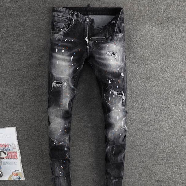 Men's Clothing Fashion Retro Men's Ripped Jeans Old Black And Gray Paint Printing And Dyeing Slightly Elastic Slim Fitting Skinny Jeans For Men_viptrois.com
