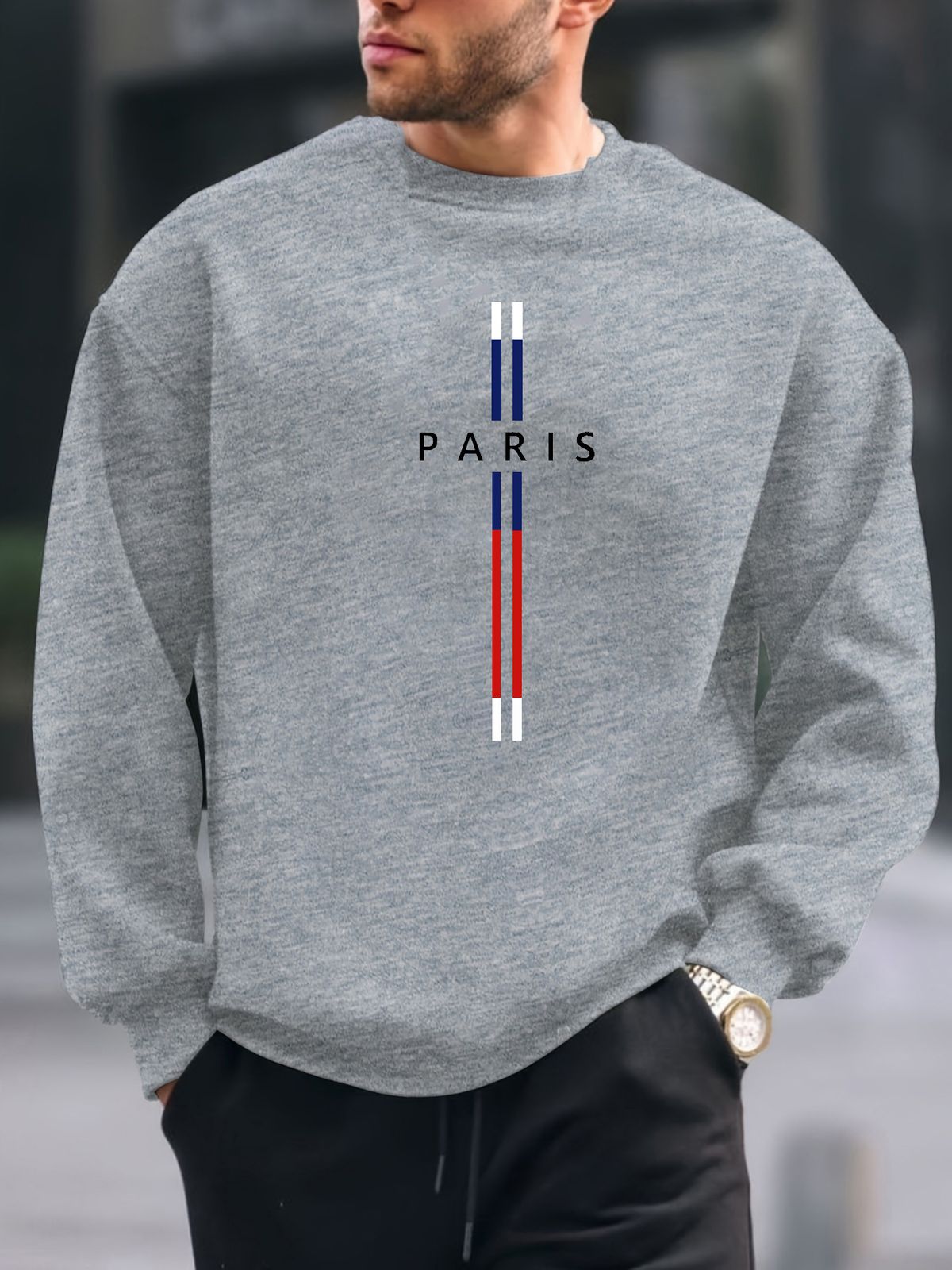 Men's Loose Casual Fashionable Classic Paris Pattern Printed Round Neck Long Sleeved Sweatshirt Suitable For Autumn And Winter Wear_viptrois.com