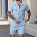 Men's Solid Color Shirt Casual Loose Short Sleeved Shorts Beach Suit_viptrois.com